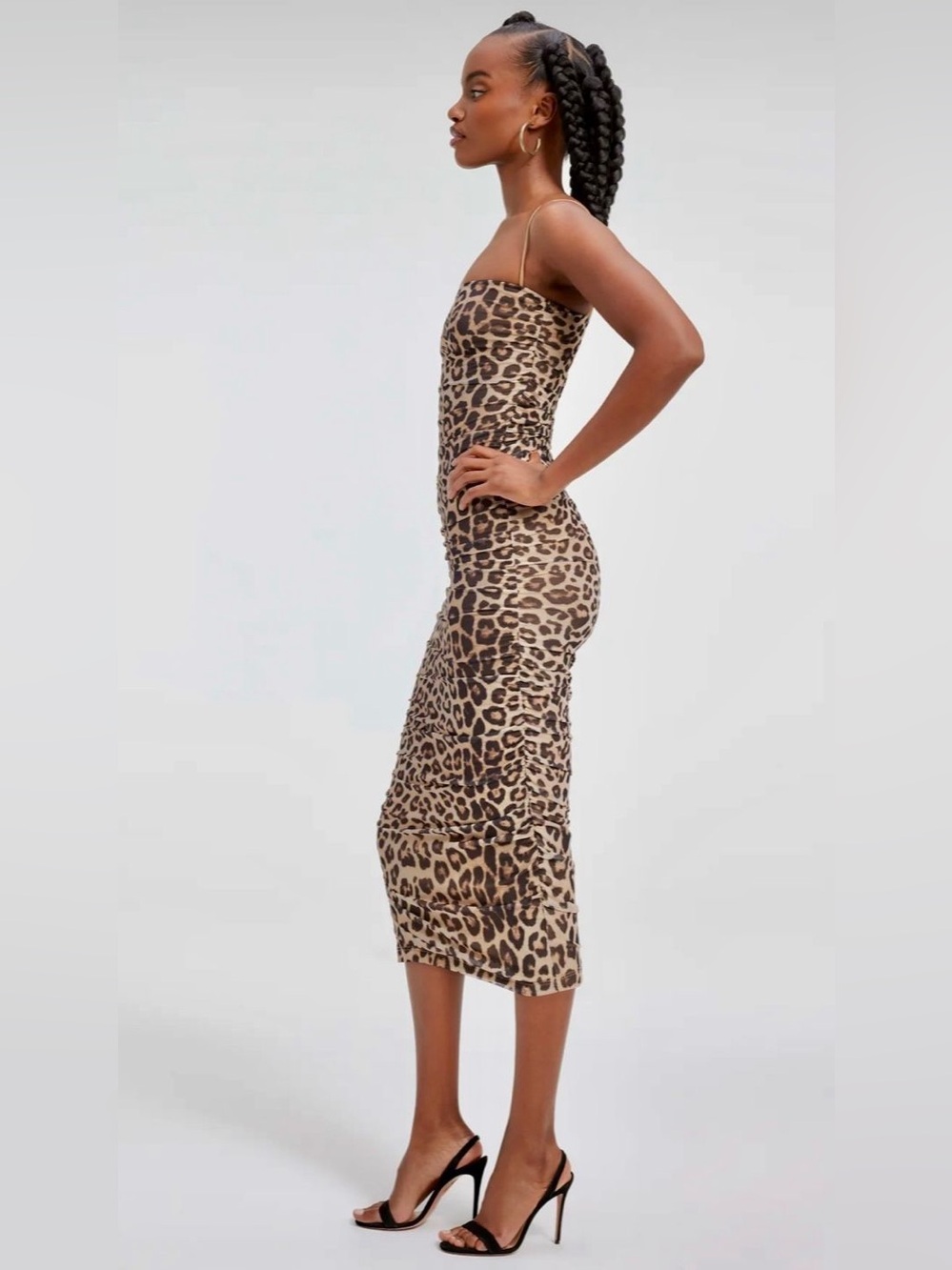 Good American Ruched Mesh Midi Dress Good Leopard Size 0
